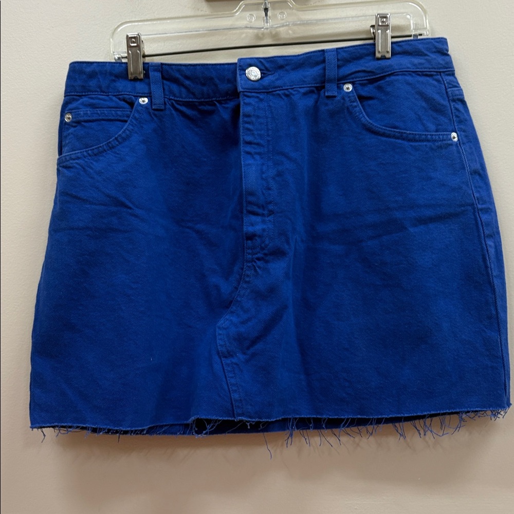 Topshop NWT Cobalt blue women’s 12 High-Waist Jean fringe skirt